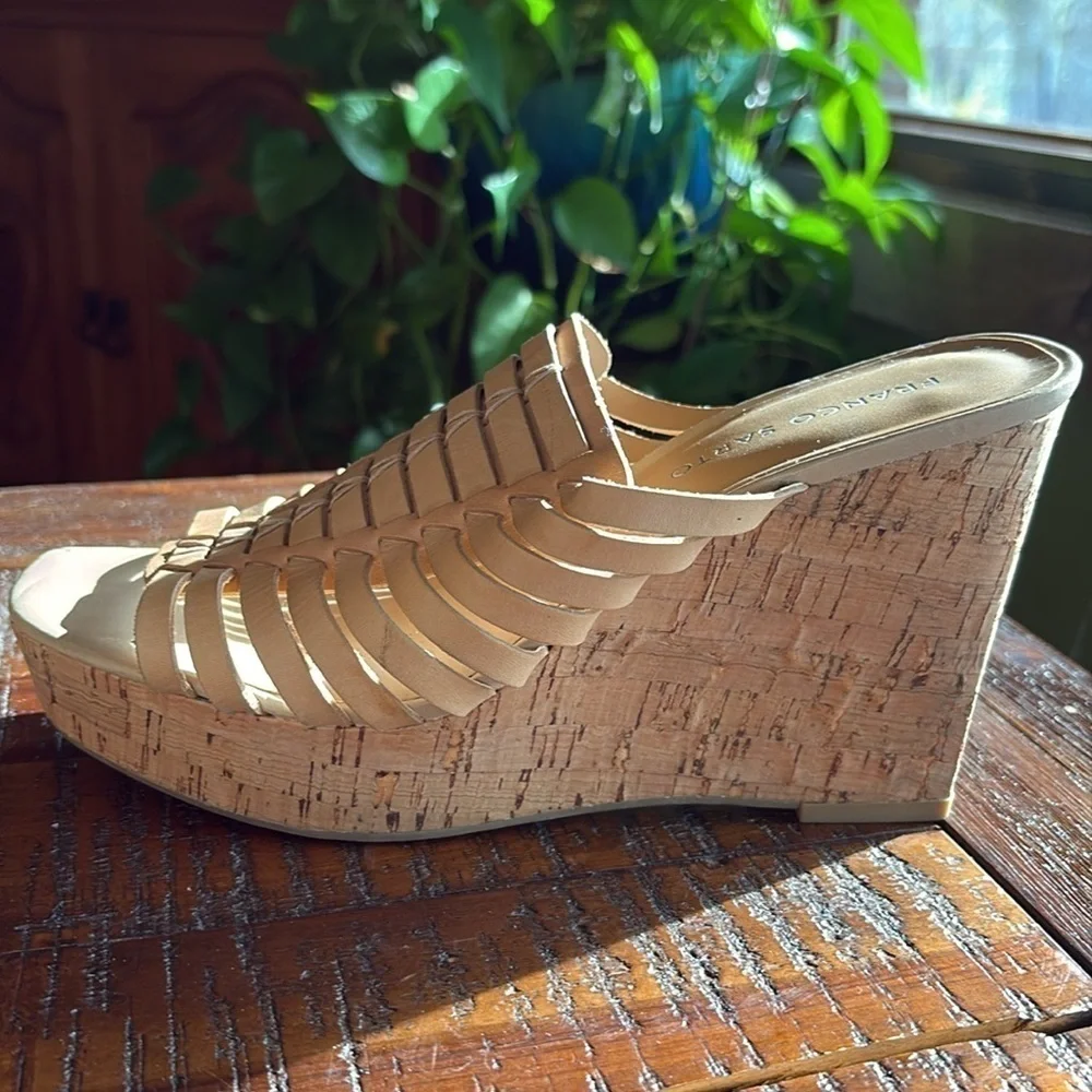 Franco Sarto Rosely Cork Wedge Platform woven leather Almond 8.5 M